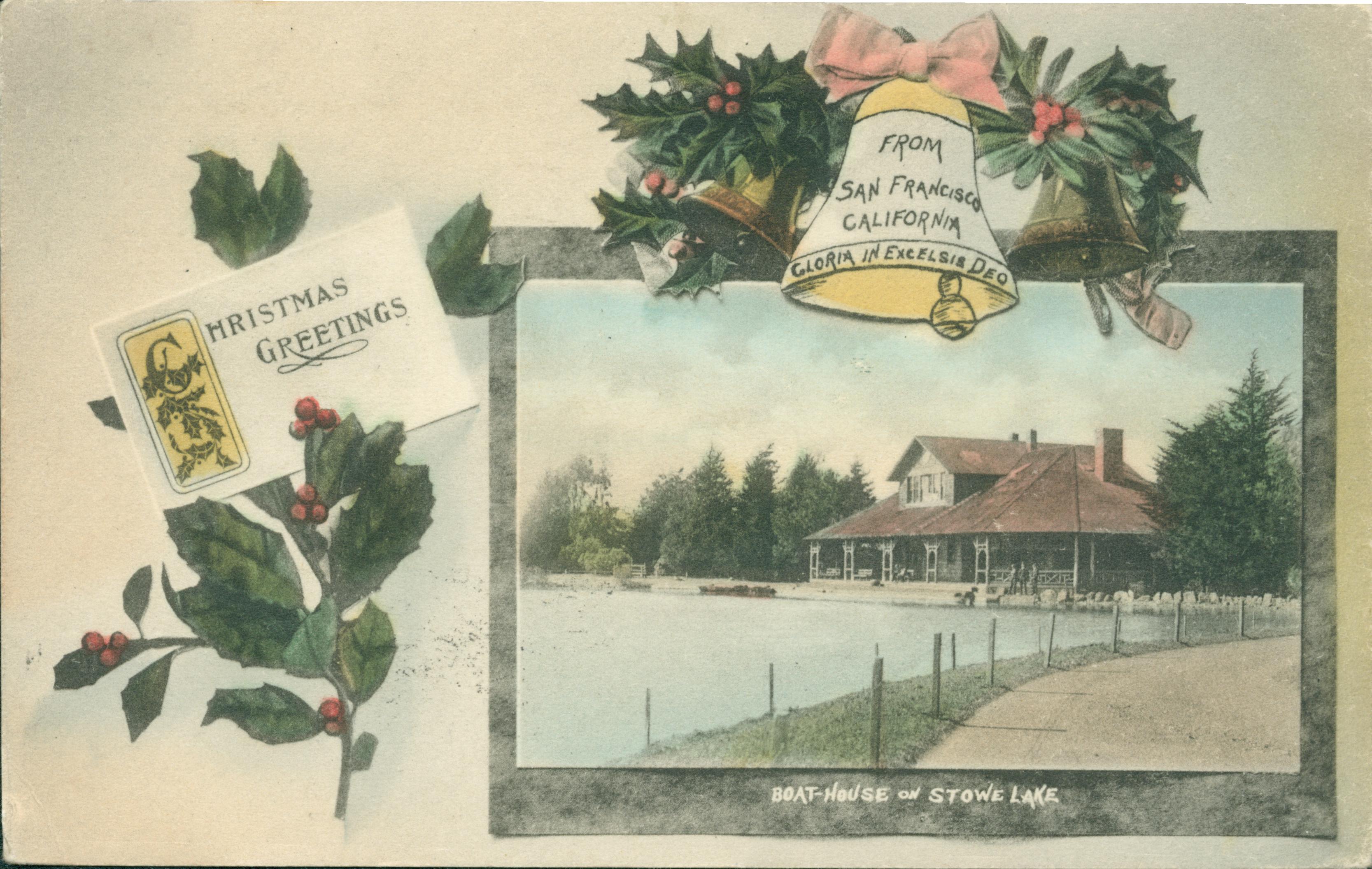 This postcard shows the boat-house on Stowe Lake, framed by bells and holly